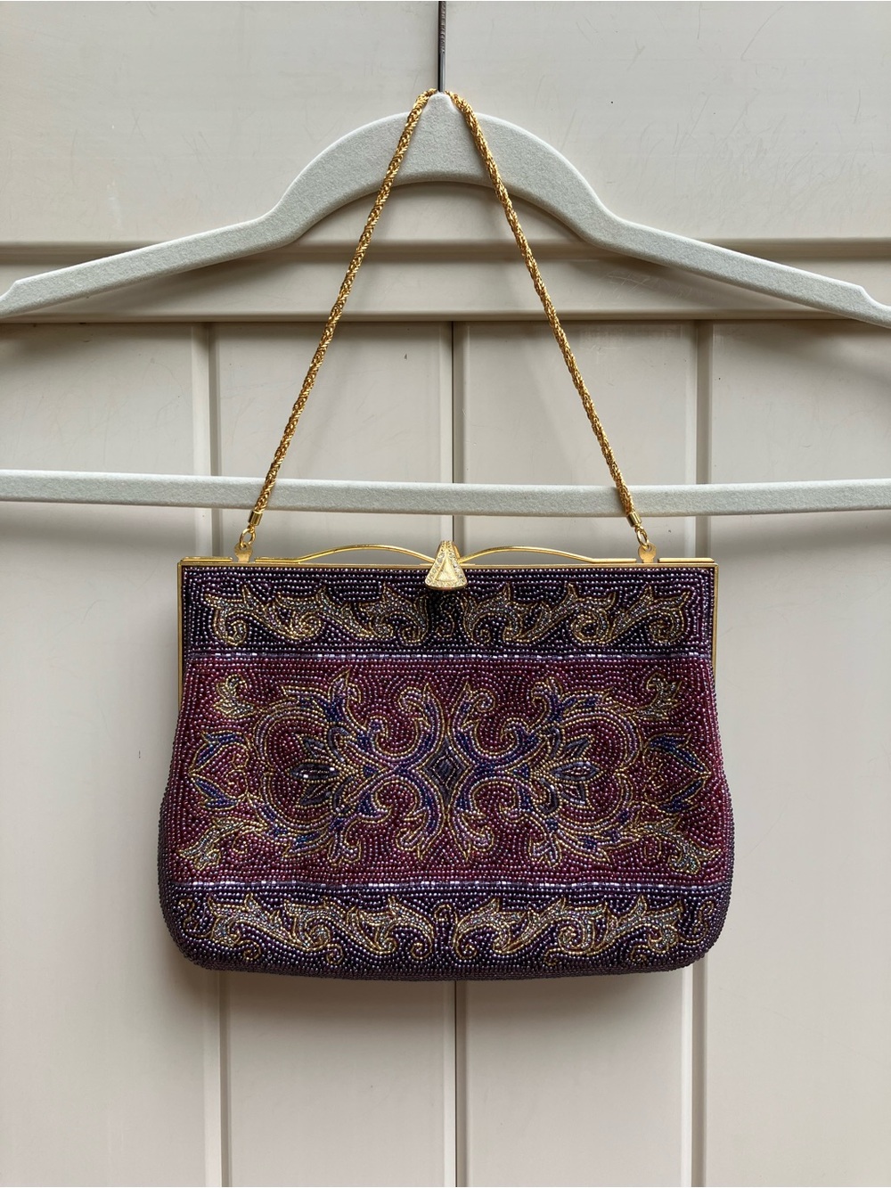 Beaded purple evening bag handbag formal gold chain clasp close vintage look - Picture 12 of 14